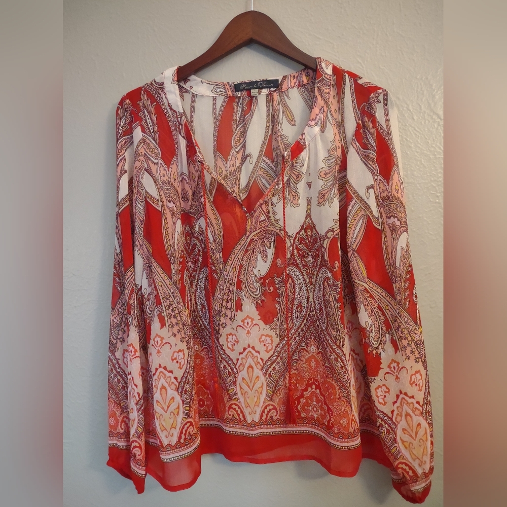 Rose & Olive Red & White Paisley Print Sheer V-Neck Blouse Tunic Top Size Large